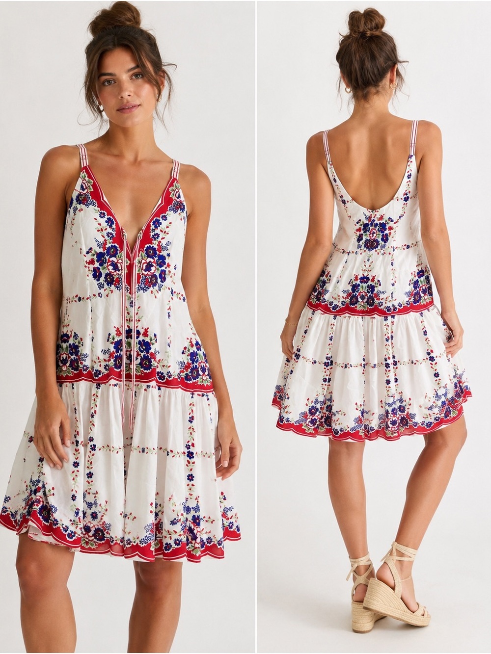 Anthropologie White Mini Dress with Red and Blue Floral Embroidery
